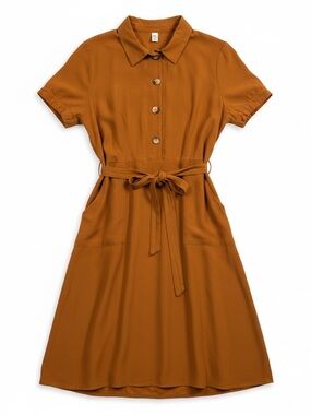 Monteau Women’s Rust Brown Button-Front Midi Dress with Tie Belt Large
